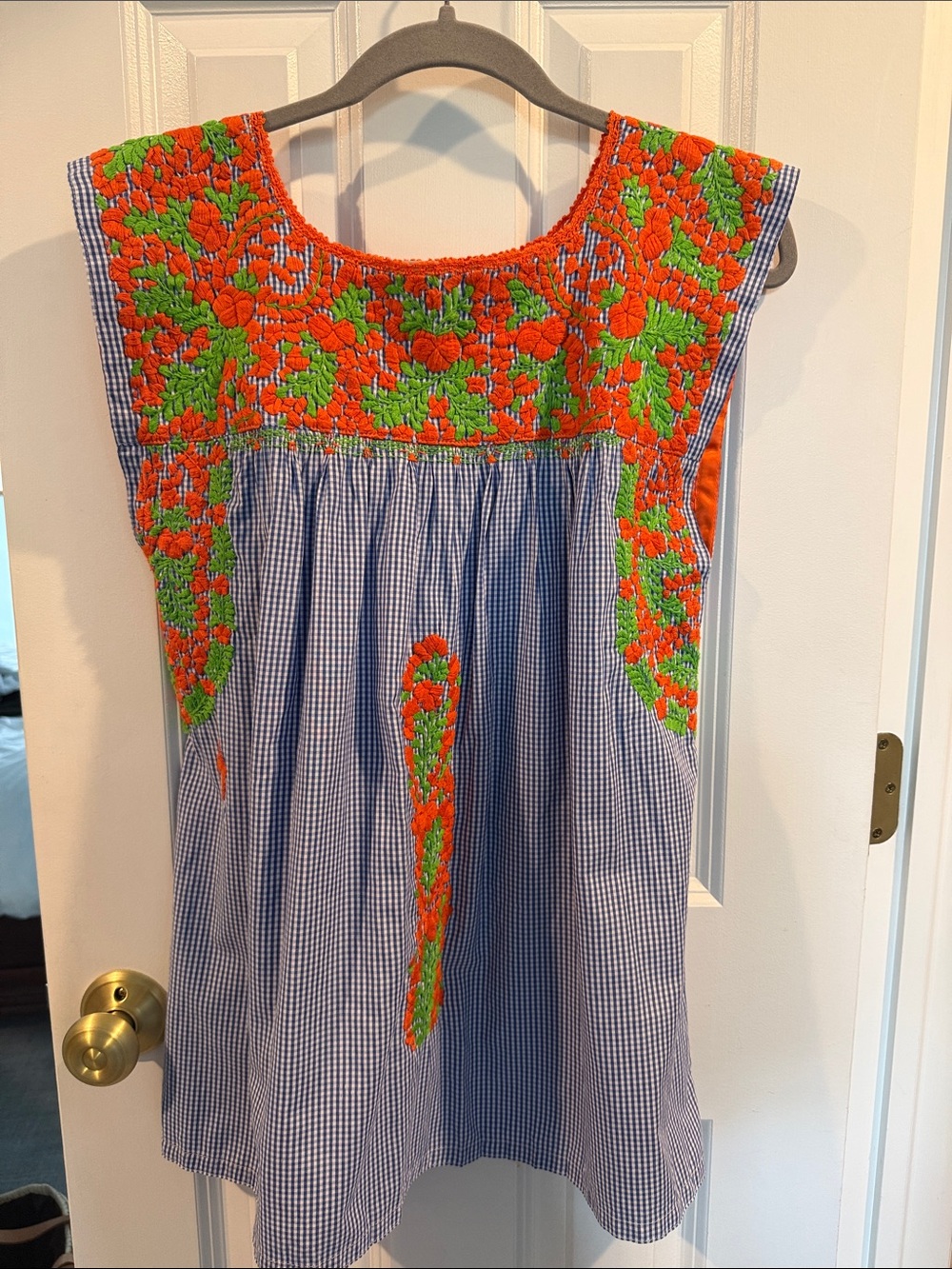 Mi Golondrina Flores Top Blue Gingham Top with Orange & Green Floral Embroidery